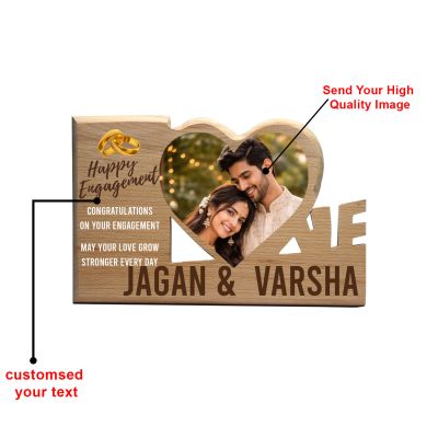 Gift Me Bazar Personalized Happy Engagement Wooden Plaque Customized Couple’s Photo Frame with Names & Heart Cutout  Romantic Engagement Gift for Wife, Husband, or Fiancé
